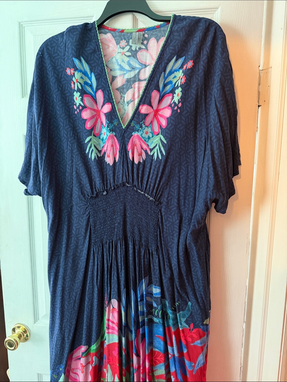 Anthropologie Navy Maxi Dress with Pink & Blue Floral Embroidery